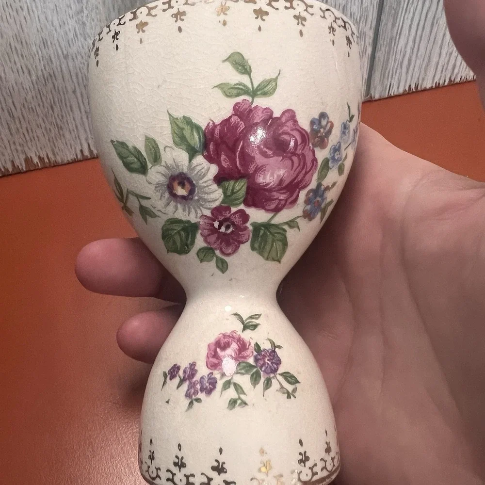 Vintage Double Egg Cup Japan Flower‎ golden trim floral delicate